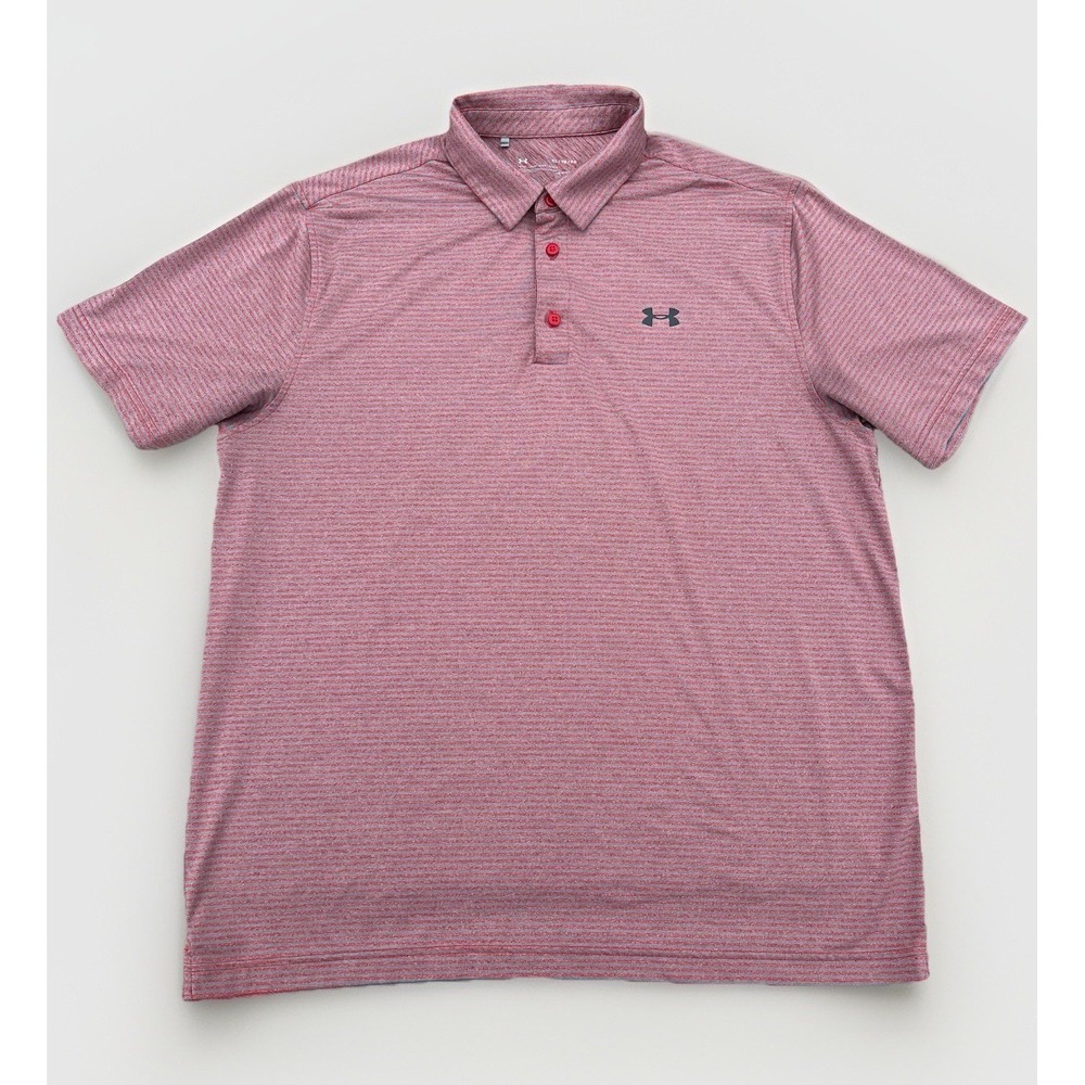 Under Armour Golf Polo Shirt Loose Fit Men's XL Red Gray Striped Short Sleeves - Picture 3 of 6